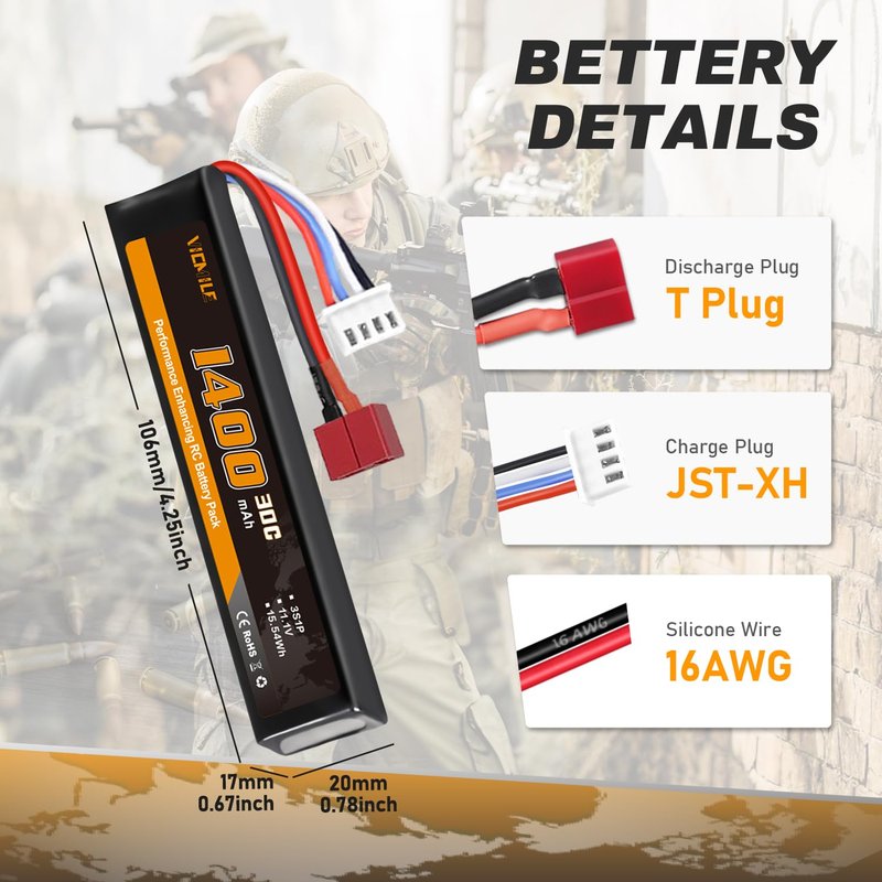 VICMILE 3S Airsoft Battery 30C 11.1V 1400mAh Dean-Style T Plug with 11.1V USB Charger Fit for Most Airsoft Model Guns Gel Water Bead Blaster