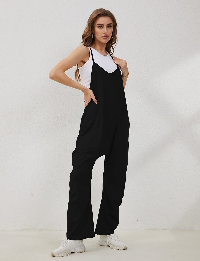 Lentta Women's Causal Jumpsuits V Neck Sleeveless Harem Overalls Stretchy Adjustable Strap Romper with Pockets(Black-L)