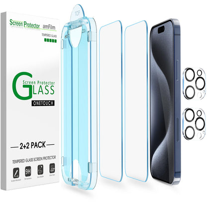amFilm Easiest Installation OneTouch for iPhone 15 Pro Max Screen Protector [6.7 Inch] Tempered Glass + Camera Lens Protector, Auto-Alignment Tech, Bubble Free, Case Friendly, Anti-Scratch [2+2 Pack]