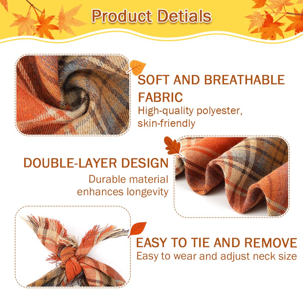 Vivifying Fall Dog Bandana, 2 Pack Halloween Thanksgiving Classic Plaid Dog Scarf with Tassels Edges, Funny Pet Apparel & Accessories Costume for Photo Prop, and Party Decor (Large, Yellow&Orange)