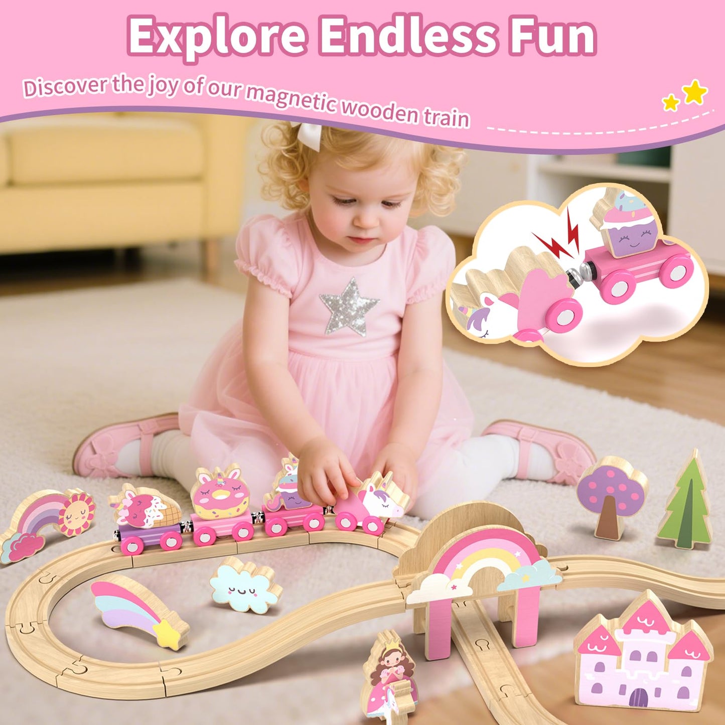 Lehoo Castle Wooden Train Set, Train Set for Toddlers 2-4, Wooden Train Track for Girls, Unicorn Toys for Girls Age 4-6, Toys for 3 4 5 6 Year Old Girl Gifts for Christmas Birthday