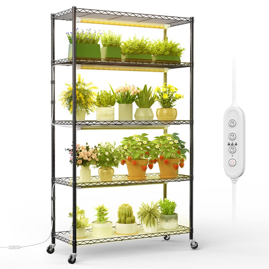 FREELICHT DIY Plant Shelf with Grow Light, 5-Tier, 2FT 5000K 120W(4x30W), Full Spectrum, Metal Plant Stand with Adjustable Rack and Wheel, LED Grow Lights with Timer for Seed Starting 35.4x13.8x61.5IN