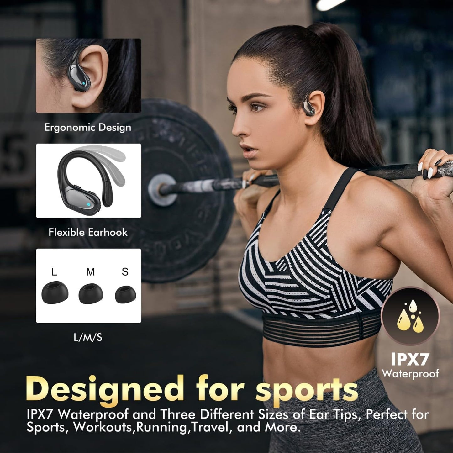 HAOYUYAN Wireless Earbuds, Sports Bluetooth Headphones, 80Hrs Playtime Ear Buds with LED Power Display, Noise Canceling Headset, IPX7 Waterproof Earphones for Workout/Running (Black)