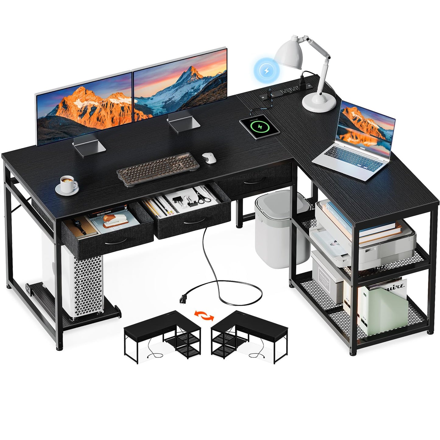 AODK 53 Inch L Shaped Computer Desk with Drawers, Corner Desk with Power Outlets & Reversible Storage Shelves, Movable CPU Stand for Home Office Gaming, Black