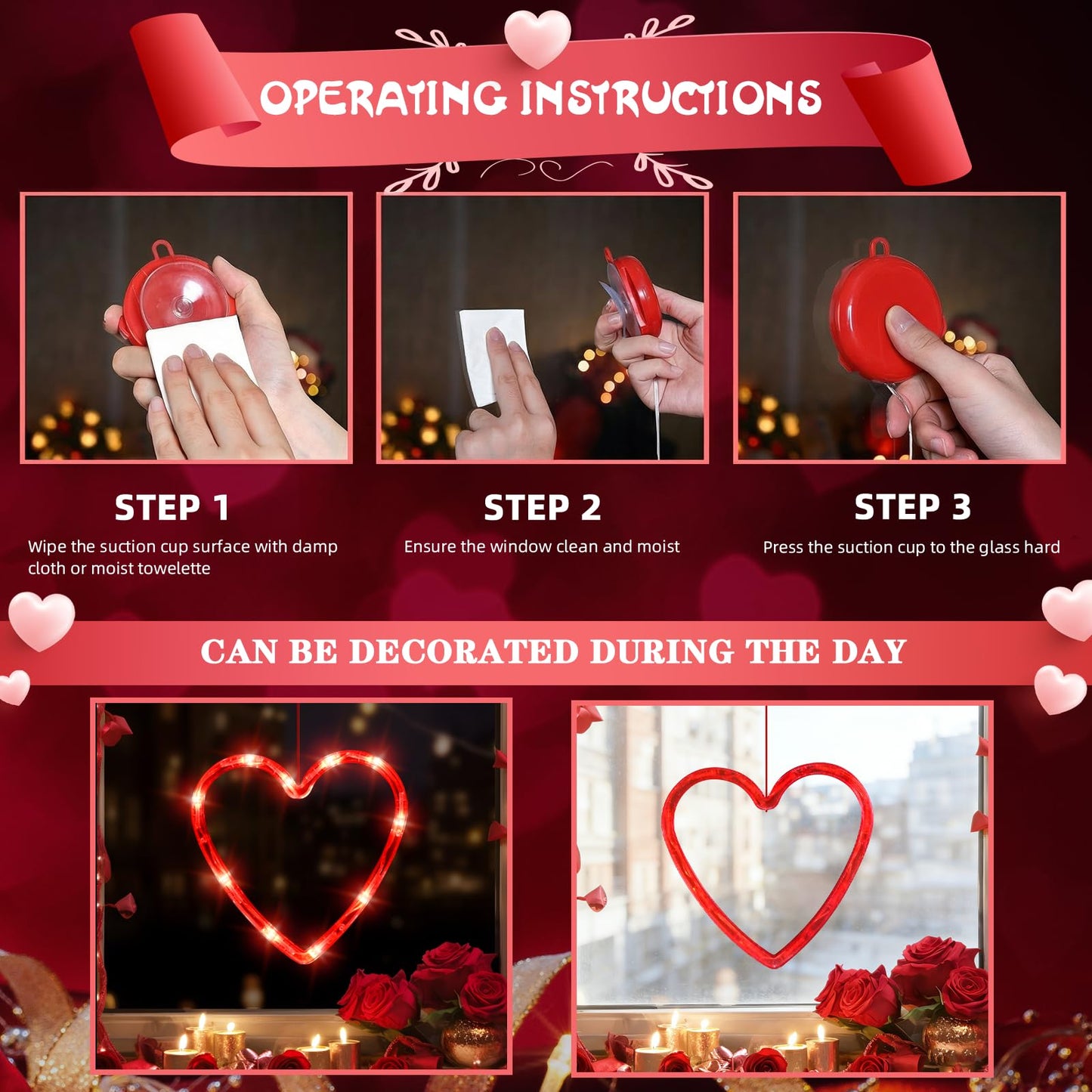 LOLStar Valentines Day Window Lights Decor with Timer, 3 Pack Battery Operated Red Heart-Shaped Window Decorations Silhouette Sucker LED Lamp Slow Fade Mode Romantic Light for 2026 Holiday Indoor Home