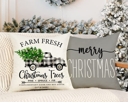4TH Emotion Gray Christmas Pillow Covers 18x18 Set of 4 Farmhouse Decorations Merry Tree Truck Hello Winter Holiday Decor Throw Cushion Case for Home Couch S22C19