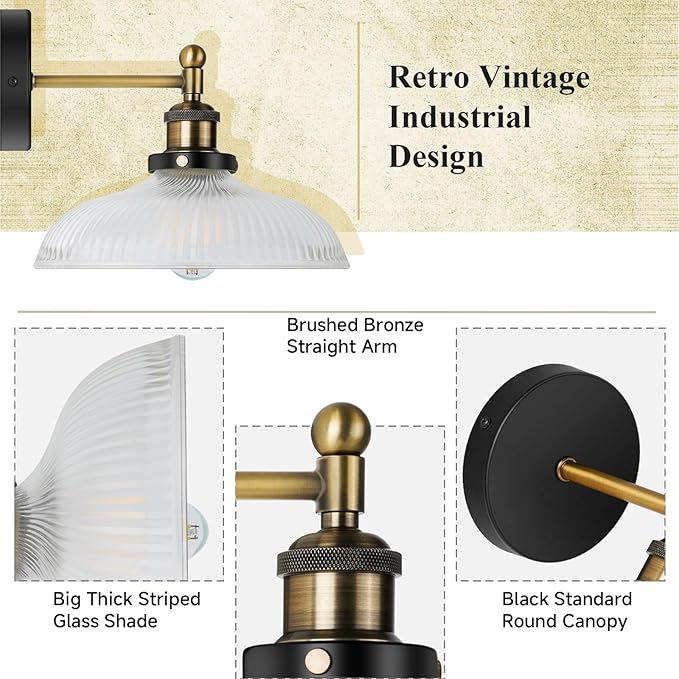 Vintage Wall Sconces Set of 2 Indoor 110V Hardwired Stripe Glass Wall Mounted Lamp Light Fixtures for Bathroom Vanity Kitchen Hallway Stairway, Anti-Rust Brushed Bronze Finish, E26 Base, WS-23061-B2