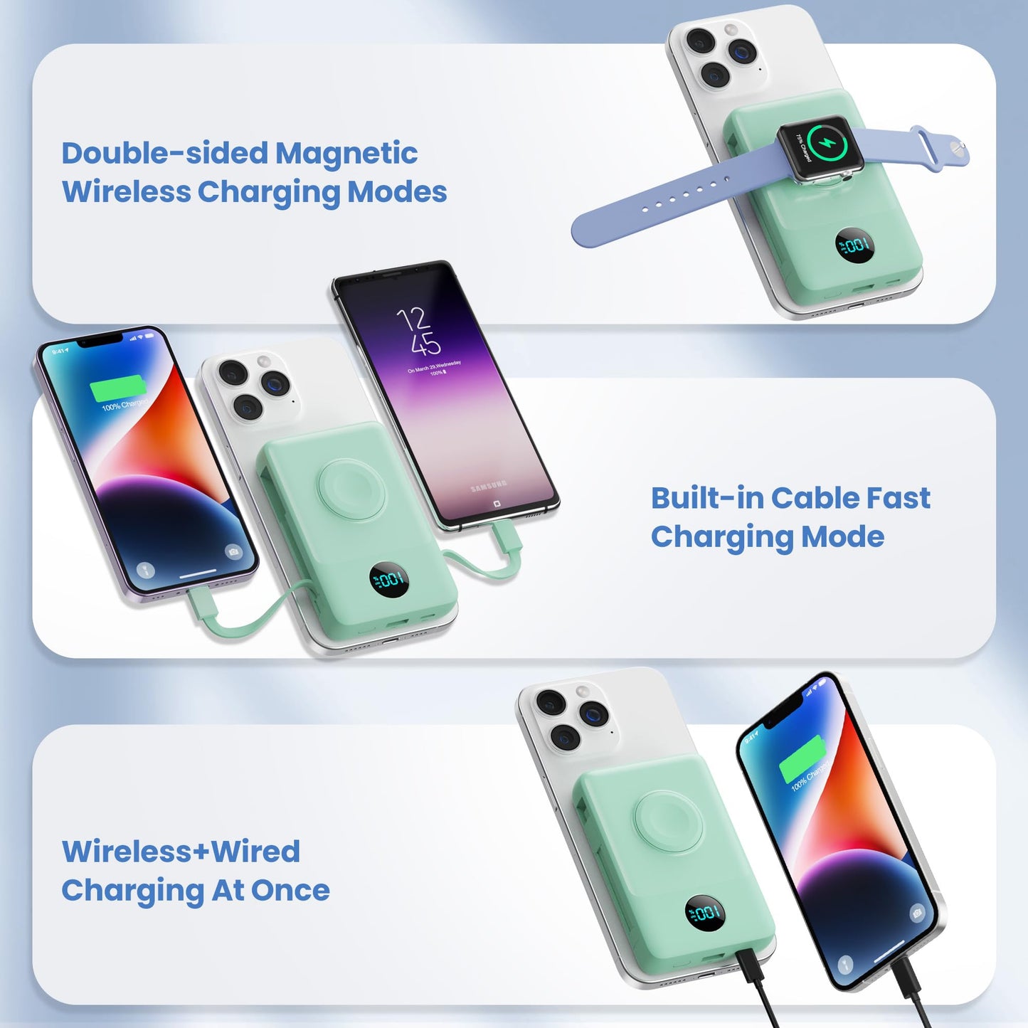 Magnetic Portable Charger for iPhone with Built-in Cables, 6-in-1 10800mAh Power Bank with iWatch Charger & LCD Display,25W PD Fast Charging Battery Pack for Magsafe,iPhone 16/15/14/13/12,Apple Watch