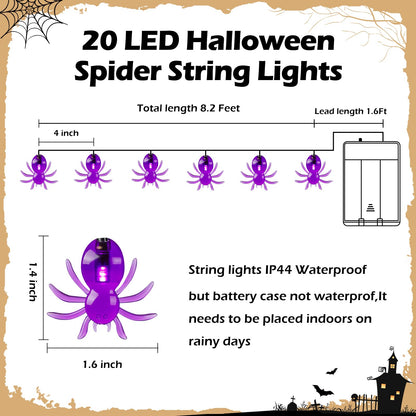 RECESKY 2Pack 20 LED Purple Spider String Lights with Timer - Total 13Ft Battery Powered Halloween String Light - Spooky Decor for Indoor House Party Holiday Window Halloween Decorations