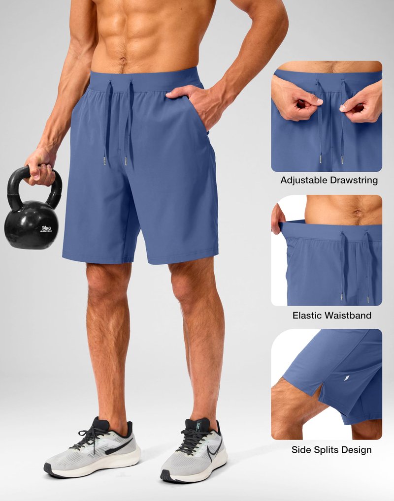 Soothfeel Men's Running Shorts with Zipper Pockets 9 Inch Lightweight Quick Dry Gym Sports Athletic Workout Basketball Shorts for Men (Blue, L)