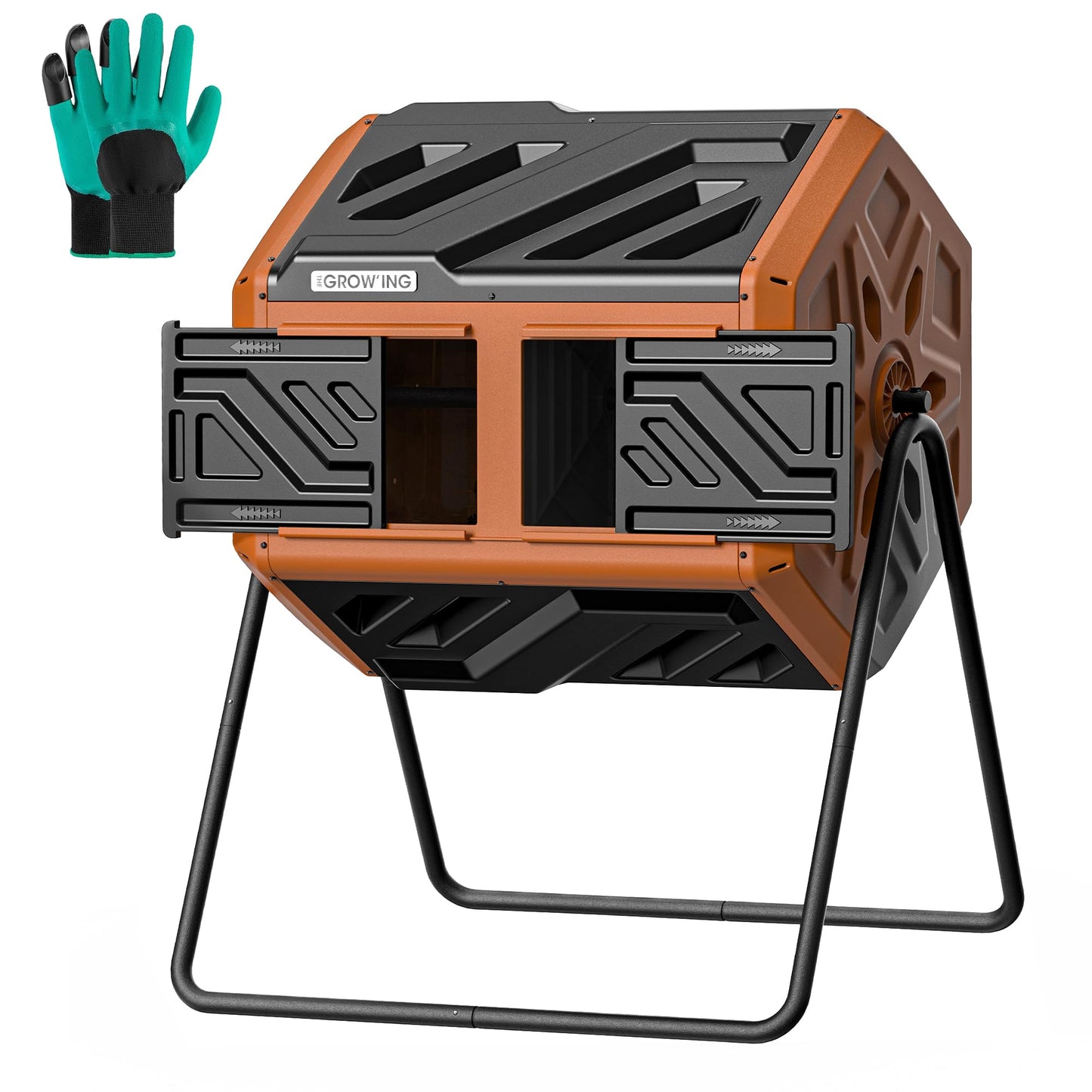 THEGROW'ING 43 Gallon Dual Chamber Compost Bin with Built-in Nuts, Outdoor Rotating Composter Tumbler for Garden Backyard, Orange