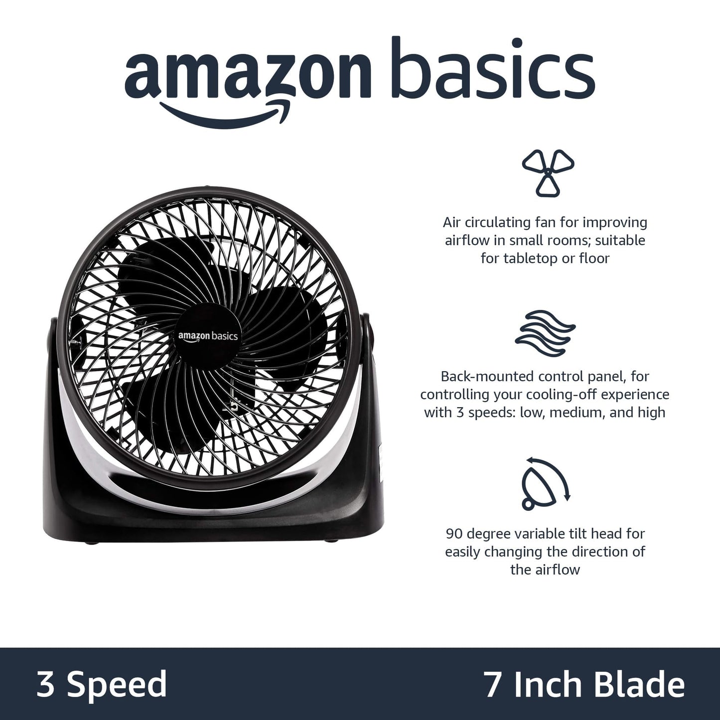 Amazon Basics Air Circulator Fan, Desk Fan for Bedroom, Home and Office, With 90-Degree Tilt Head, 3 Speed Settings, Lightweight (3 LBS), 35 Watts, Black, 11.1"W x 6.3"D x 10.9"H
