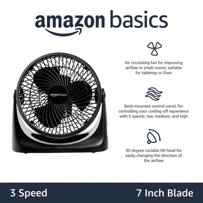 Amazon Basics Air Circulator Fan, Desk Fan for Bedroom, Home and Office, With 90-Degree Tilt Head, 3 Speed Settings, Lightweight (3 LBS), 35 Watts, Black, 11.1"W x 6.3"D x 10.9"H