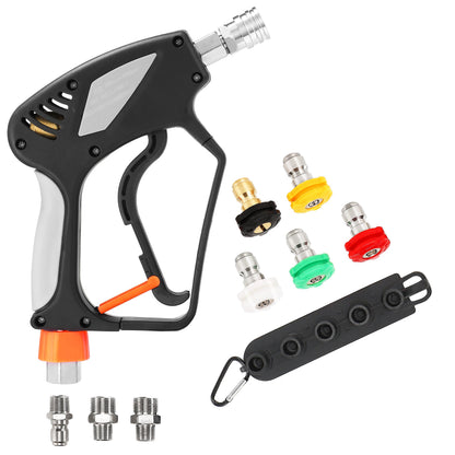 PWACCS Pressure Washer Gun with Swivel, Short Power Washer Gun with 3/8” Quick Connector, M22 14mm /15mm Fitting, 5 Pressure Washer Nozzle Tips with Holder, 5000 PSI Black