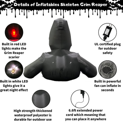 Buheco Inflatable Halloween Decorations Outside Grim Reaper 6FT Giant Scary Blow Up Skeleton Spooky Ghost Outdoor Yard Decor Inflatables Built in LED Lights for Indoor and Lawn Garden Party Holiday