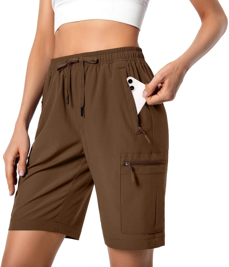 Hugut Women's Lightweight Hiking Cargo Shorts Quick Dry Athletic Shorts Camping Travel Golf Zipper Pockets Water Resistant Brown
