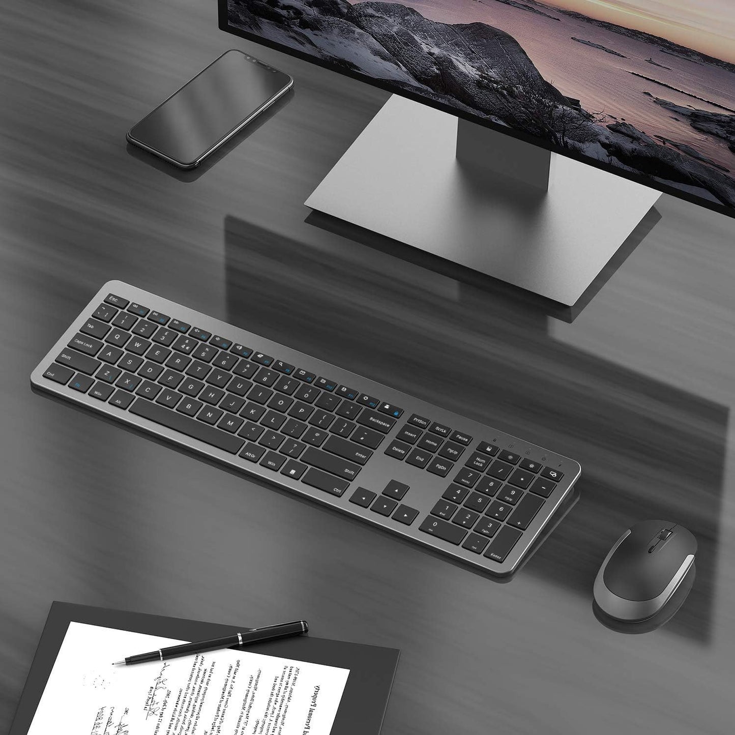 seenda Rechargeable Wireless Keyboard and Mouse, SK38-3 Ultra Slim Quiet USB Keyboard and Mouse Set for Windows Laptop PC, Full-Size QWERTY UK Layout, Black and Grey