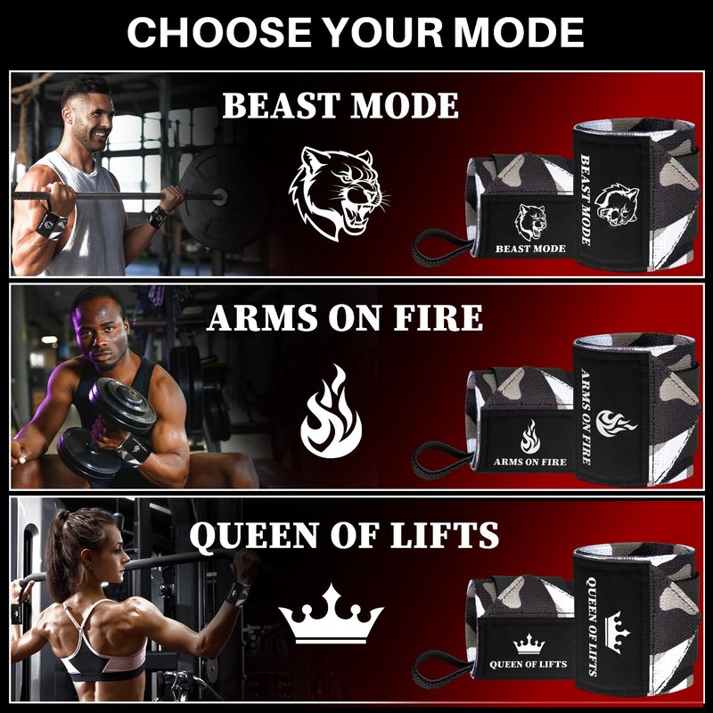 TECEUM Weightlifting Wrist Wraps with Thumb Loop – Black Camo – Arms on Fire – 12 inch – Heavy-Duty Workout Wrist Support & Protection – Ideal for Powerlifting, Strength Training, Bodybuilding