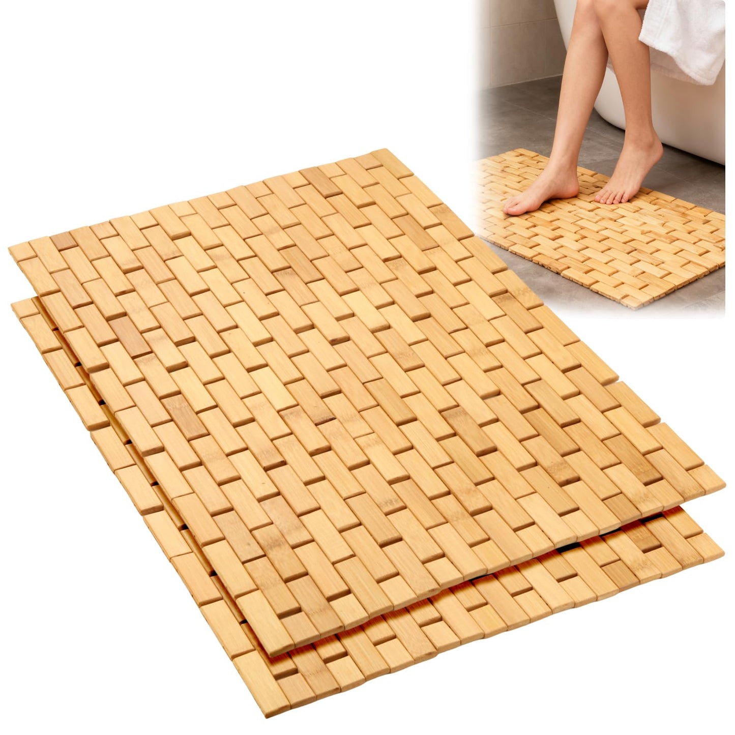 YAYODS 2 Pack Bamboo Bath Mat, 24.8x16.5 Inch Non Slip Waterproof Bamboo Shower Mat Wooden Bathroom Mat for Floor, Bathtub, Sauna Spa, Pool