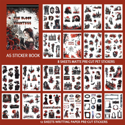 Dwetpzo Halloween Precut Scrapbook Sticker Book for Adults, Transparent PET & Writing Paper Stickers, Adhesive Sticker for Journaling, Junk Journals, Scrapbooking Supplies, 20 Sheets, A5