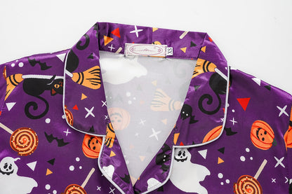 Vopmocld Unisex Kids Girls Boys 3PCS Satin Pajamas Set Button Down Short Sleeve Long Pants and Shorts Silky Nighty Lounge Sleepwear, Halloween Purple, 10