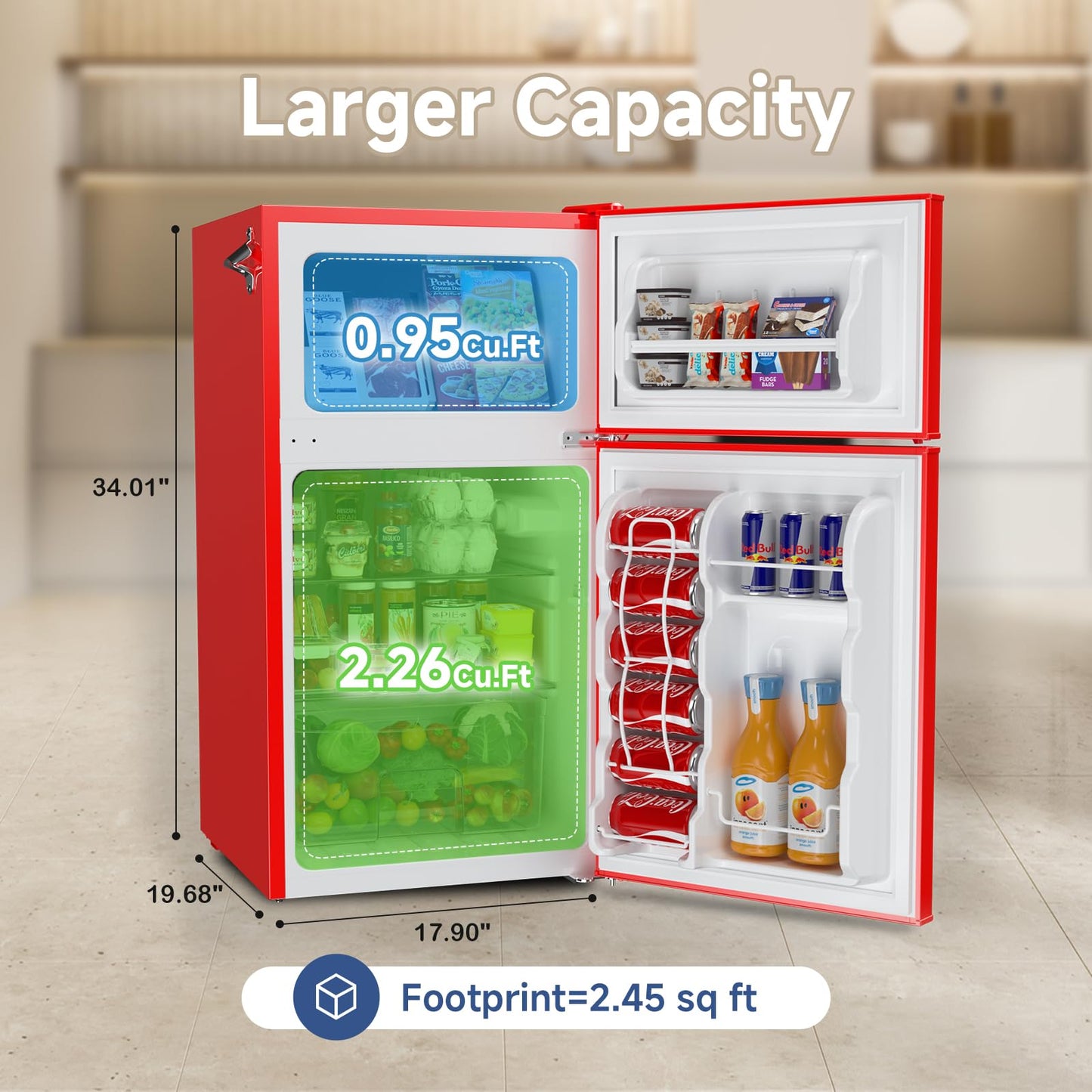 BANGSON Mini Fridge with Freezer, 3.2 CU.FT Small Refrigerator with Freezer, Door Handle, Bottle Opener, For Bedroom, Dorm, Office, Home, Garage or RV, R-600a (Red)