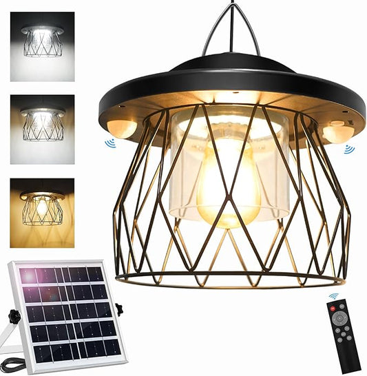 Solar Shed Light Outdoor Work Day/Night, Gazebo Lights Solar Hanging Lights for Porch Barn Chicken Coop Indoor with Remote, Double Motion Sensor, 16.5ft Cord, Dimmable Warm/Cool White