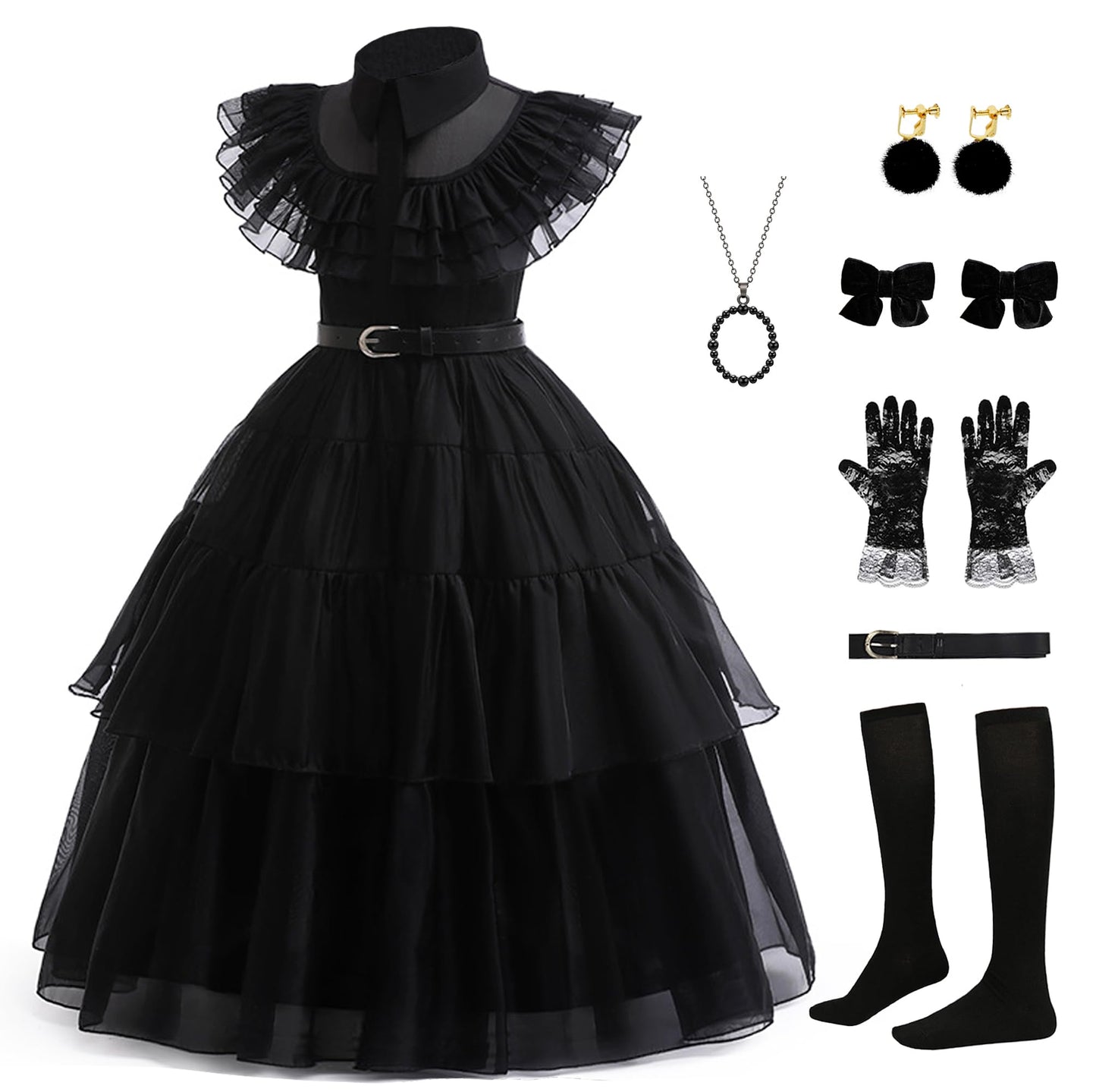 Gunaniti Black Dress Up Costume for Girls Birthday Party Halloween Cosplay Outfit with Accessories 3-12Y (11-12 Years, Black)