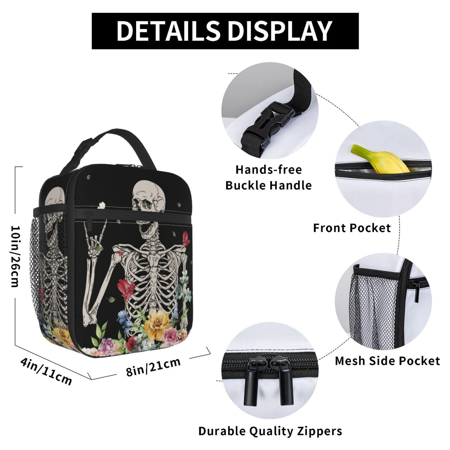 Gianlaima Skull Funny Skeleton Gothic Hippie Halloween Terror Rock Roll Flower Insulated Lunch Box For Women Man, Portable Lunch Bag Reusable Cooler Tote For Office Work Travel Picnic Camping Beach
