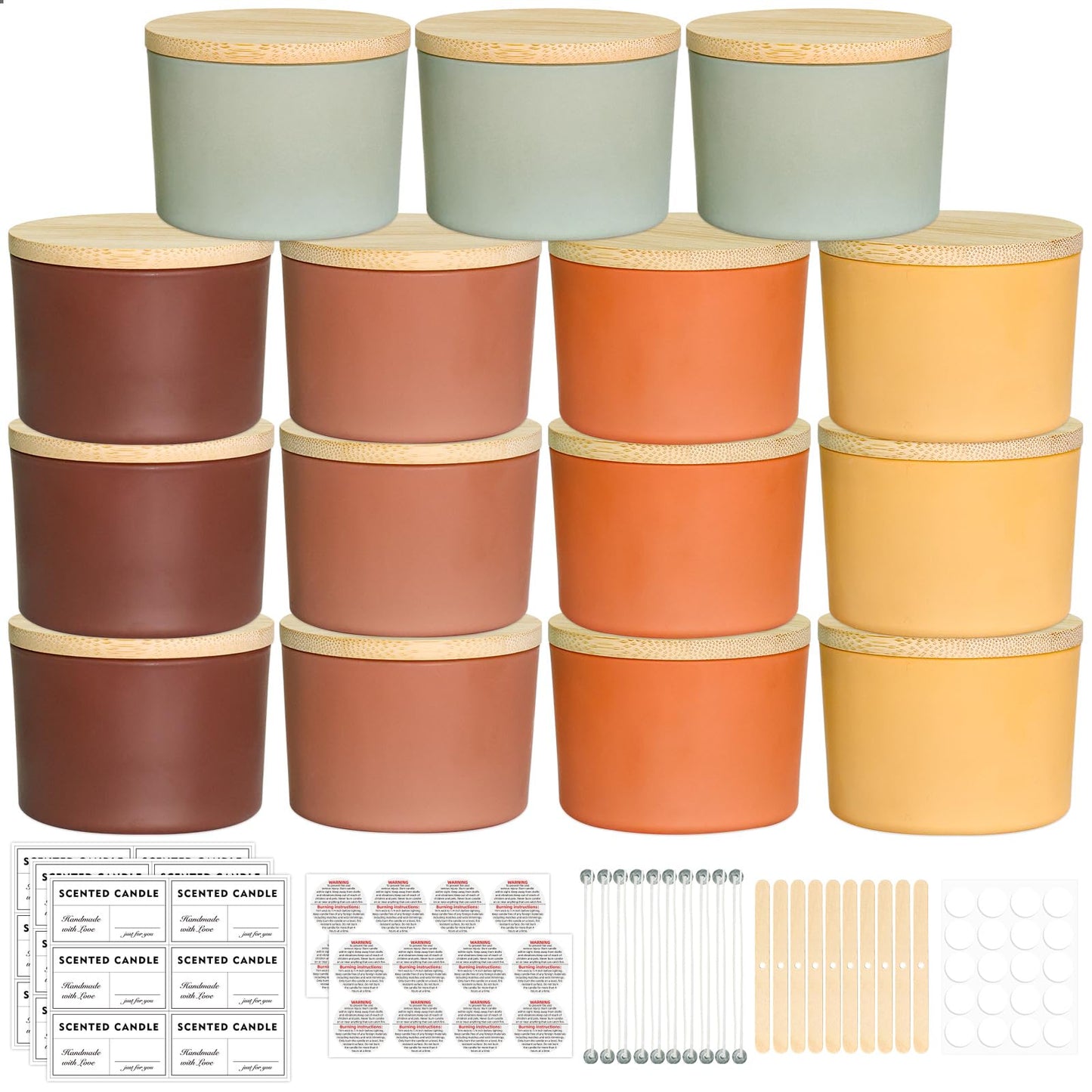 SUPMIND 4oz Fall Candle Jars 15 Pack, Small Wide Mouth Glass Empty Candle Jars with Bamboo Lids for Making Candles, Bulk Candle Container with Wick Kit, Ideal for Candle Business Owners