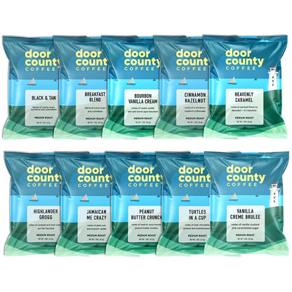 Gourmet Flavored Coffee Sampler Pack - 10 Bags of Unique Flavored Coffees – 100% Specialty Grade 1 Arabica -1.5 oz Full-Pot Bags - Roasted by Door County Coffee