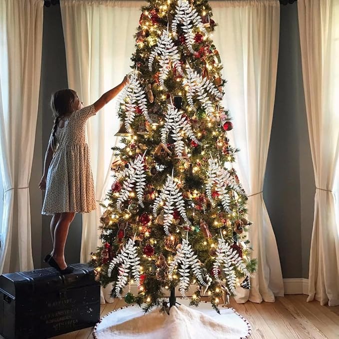 DILATATA 6Pcs Christmas Glitter Leaves Boston Fern Leaves 25" Artificial White Fern Leaf Picks Sprays Giltter Stems for Christmas Tree DIY Xmas Wreath Garland Home Decor - White