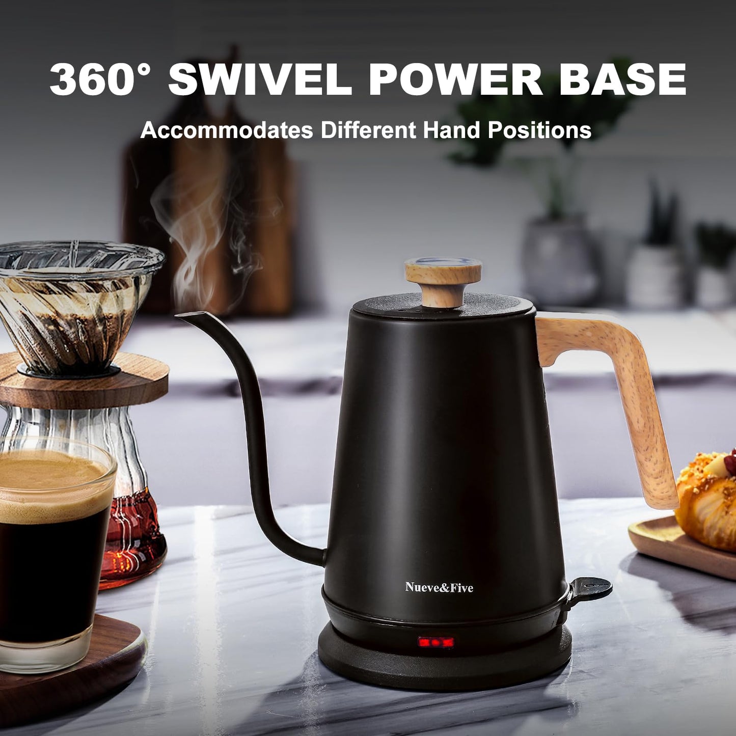 Nueve&Five Gooseneck Electric Kettle with Thermometer， Black Electric Kettle 1L with Auto Shut-Off，1000W Hot Water Kettle of Stainless Steel， Pour Over Kettle for Coffee & Tea