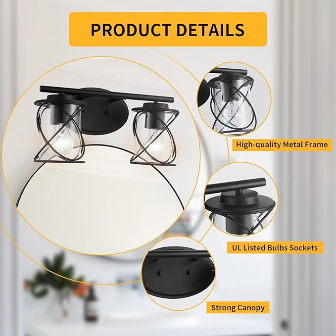 MavCadonF 2-Lights Vanity Lights, Matte Black Farmhouse Wall Lights with Clear Glass Shade, Over Mirror Vanity Light, Kitchen Bedroom Bathroom Wall Lamp