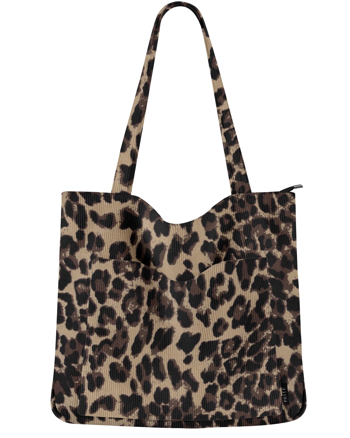 Prite Corduroy Tote Bag for Women Large Shoulder Bag with Zipper and Pockets for College School Work Travel Shopping (Leopard Print)