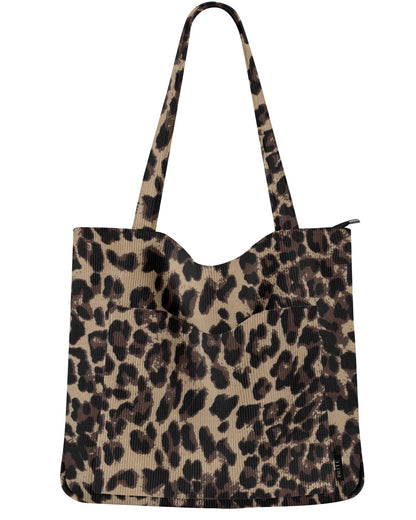 Prite Corduroy Tote Bag for Women Large Shoulder Bag with Zipper and Pockets for College School Work Travel Shopping (Leopard Print)