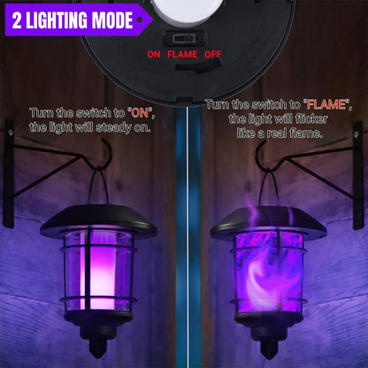 Dynaming Solar Purple Flame Wall Lanterns, Outdoor Halloween Hanging Lights, Flickering Flame LED Auto On/Off Wall Mounted Sconce Lights with Hooks, Waterproof for Garage Stair Patio Porch, 4 Pack