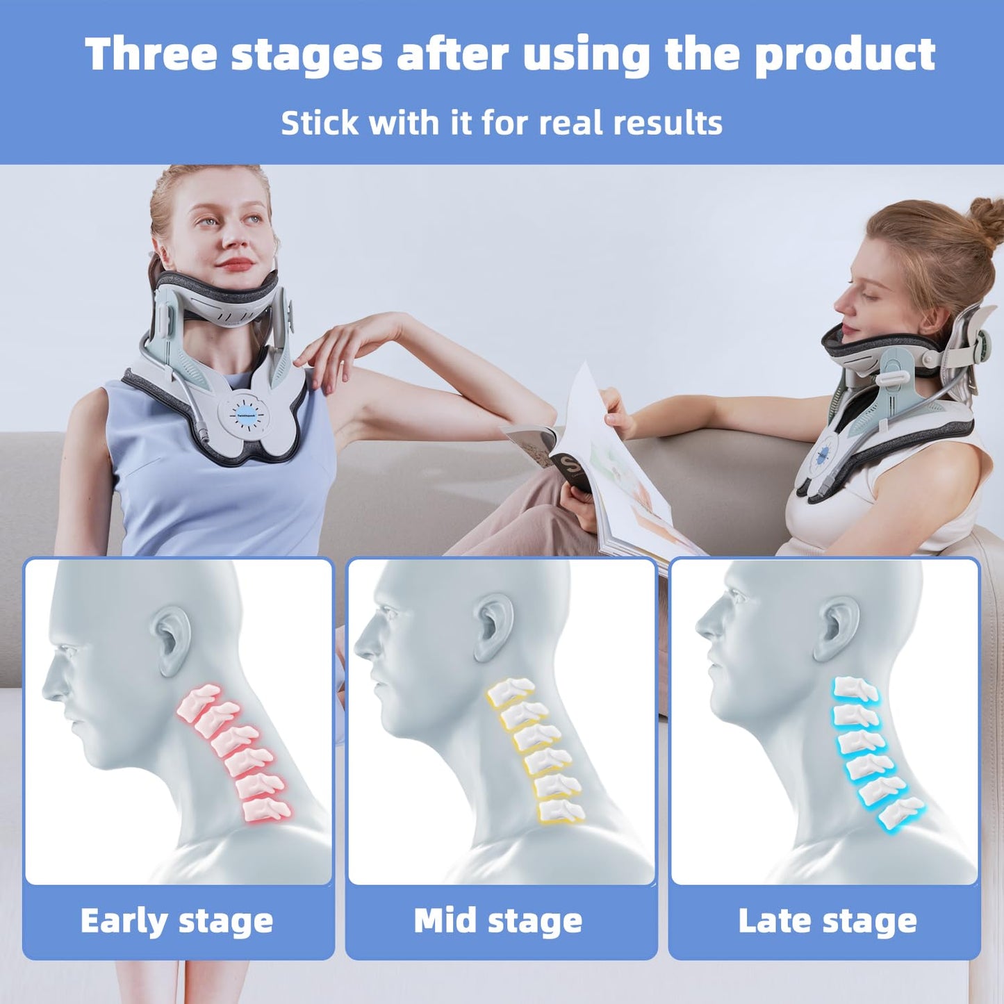 Cervical Neck Traction Device, Adjustable Neck Traction for Neck Pain Relief, 3 Power Levels & 8 Airbag Support, Home Use Neck Stretcher Device, Ergonomic Design (Blue)