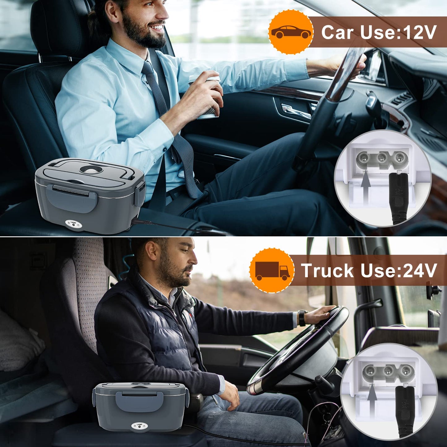 Akhia 80W Fast Electric Lunch Box for Adults 1.5L Portable Heated Lunch Box with 12V/24V/110V Includes Stainless Steel Container, Fork & Spoon & Insulated Bag (Ideal for Car/Truck/Office Use)