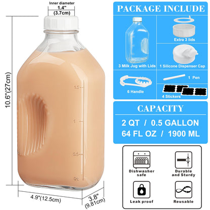 3 Pack 2 Qt Glass Water Bottles with Handle and Airtight Reusable SCREW LID - 64 Oz Juice Jugs, 1/2 Gallon Glass Milk Container for Fridge, Breast Milk Jug Pitcher with Scales, Extra Lids & Handles