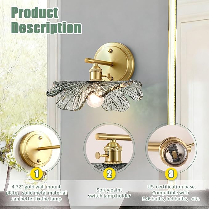 Modern Bathroom Vanity Light Vintage Wall Sconce Hand Blown 1-Light Wall lamp Indoor Wall Light with Dark Green Glass Shade Gold Vanity Light Over Mirror for Bedroom Hallway Living Room