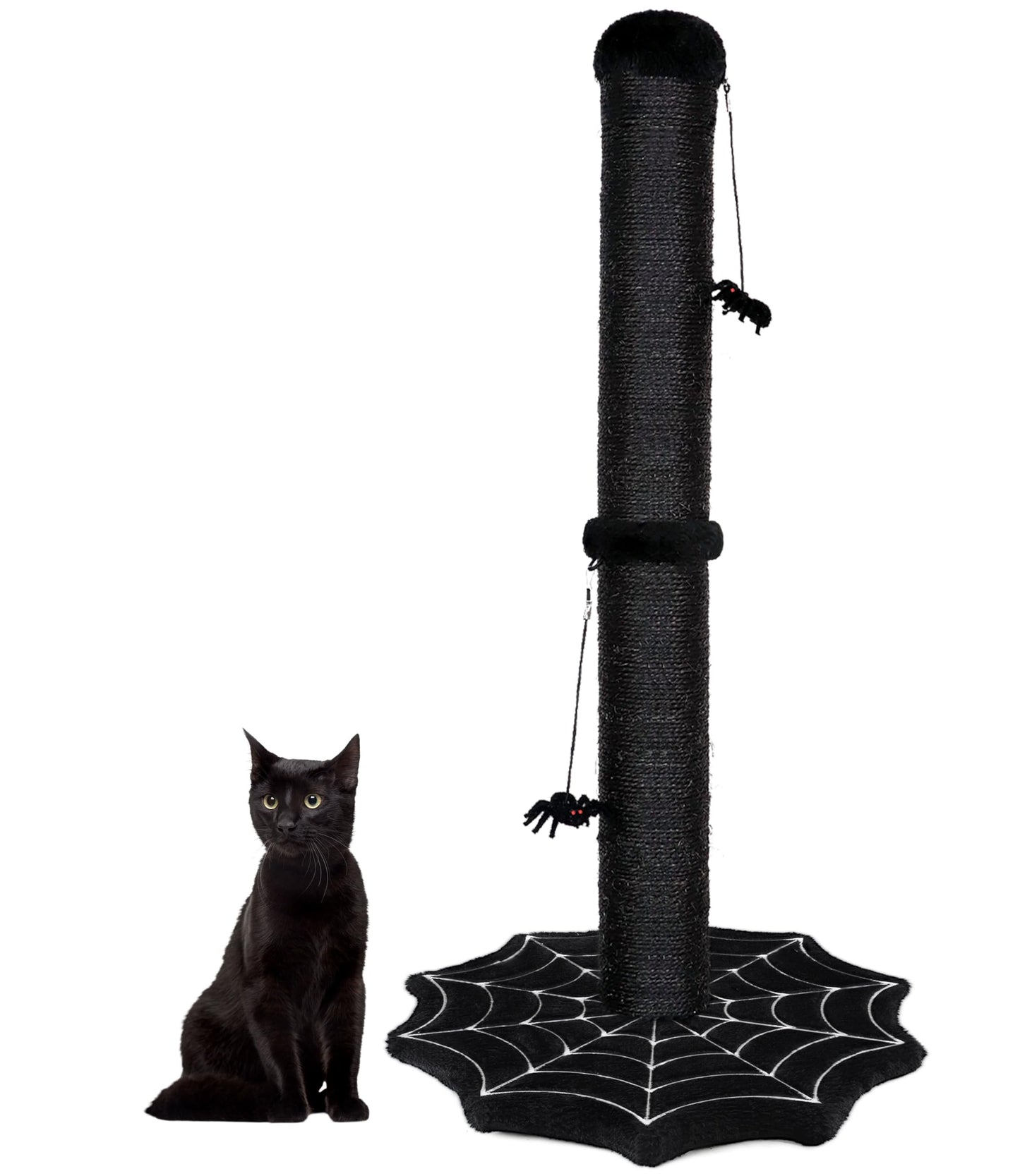 PuzzlePaw Gothic Cat Scratching Post with Spider Dangling Toys for Indoor Cats, Halloween Spooky Cat Scratcher,Activity Cat Play Center Goth Cat Tree Tower Furniture with Cobweb Base,Black