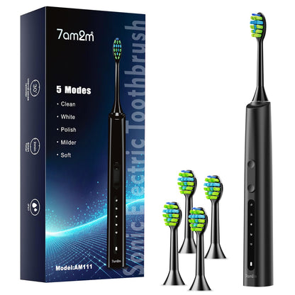 7AM2M Sonic Electric Toothbrush for Adults and Kids, 40000VPM Power Toothbrushes, USB-C Rechargeable with 4 Brush Heads, 5 Modes, 2 Minutes Built in Smart Timer, One Charge for 60 Days (Black)