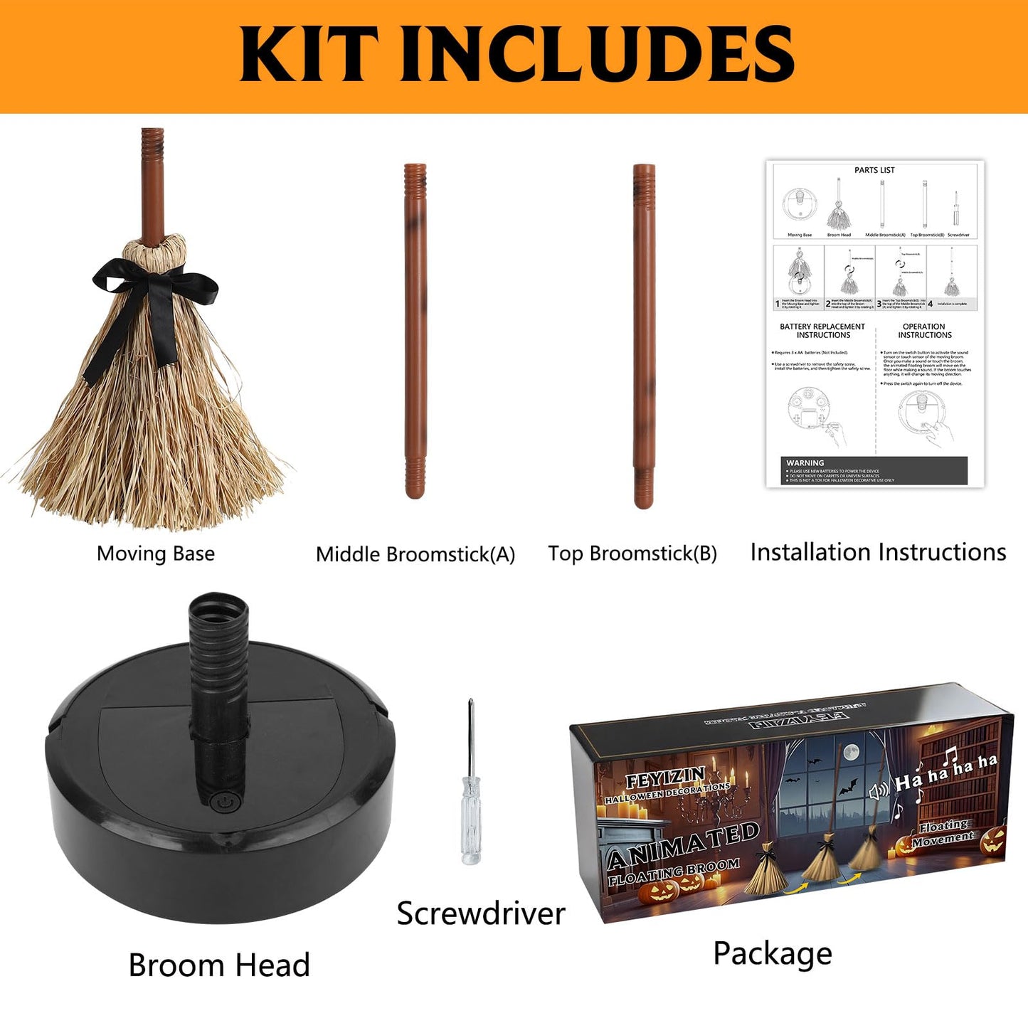 Halloween Decoration- 43.5 Inches Tall Animated Floating Witch's Broom –Haunted Dancing Broom for Indoor Party Home Floor Decor