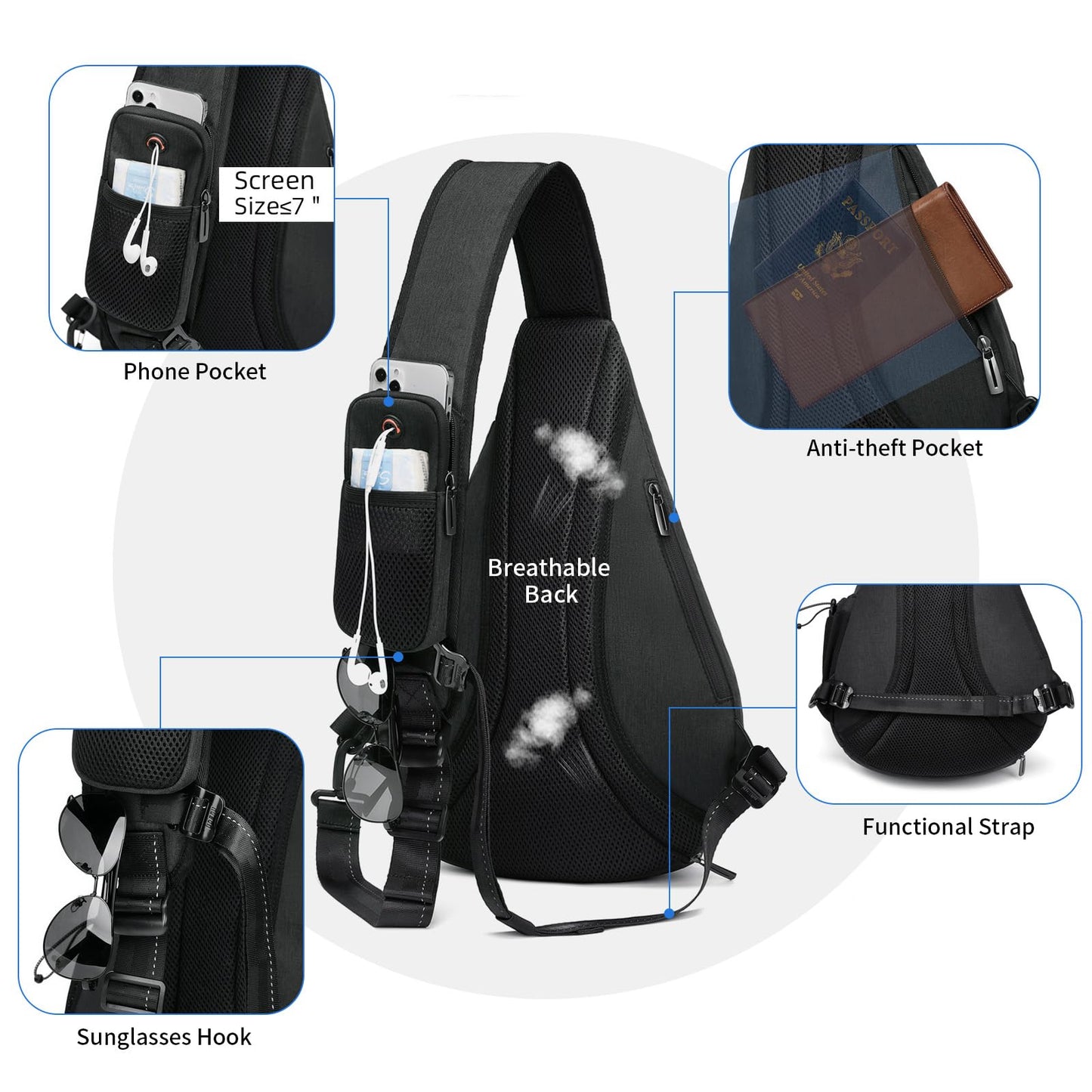 TUDEQU Sling Bags for Men,8 Pockets One Shoulder Backpack Large 19L,Crossbody,Single Strap,Black,Travel,Hiking,Women