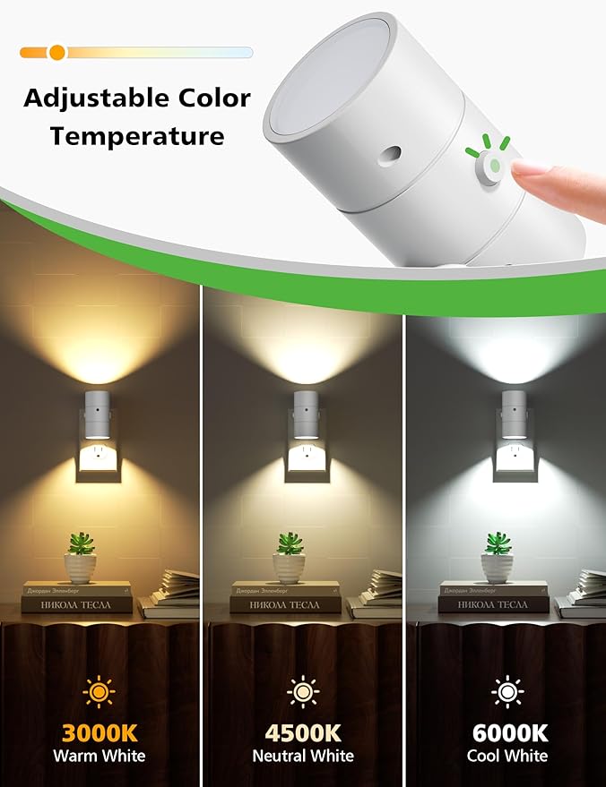 Night Lights Plug Into Wall,Dimmable LED Nightlight with Dusk to Dawn Light Sensor,0-100LM Adjustable Brightness,3 Color Temperatures,Night Light for Hallway Bathroom Stair Bedroom,White,2 Pack