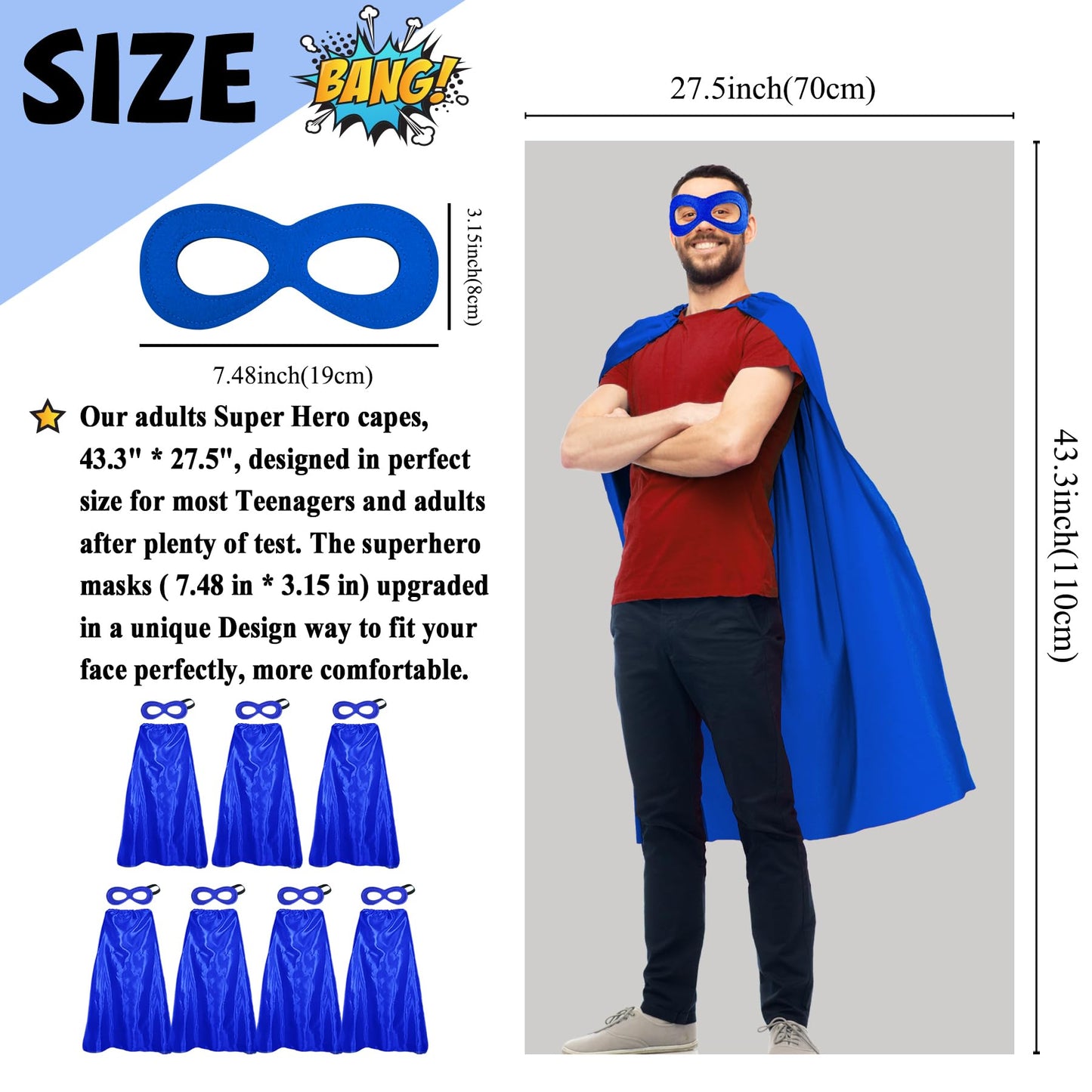 Superhero Capes and Masks for Adults Bulk-Men Women Super Hero Costume Halloween Dress Up Party Favors -7 Pack (Blue)