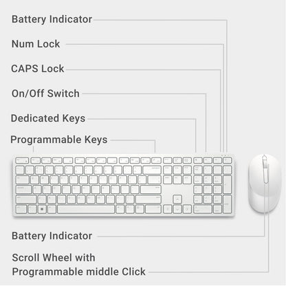 Dell Wireless Keyboard and Mouse - KM3322W, Wireless - 2.4GHz, Optical LED Sensor, Mechanical Scroll, Anti-Fade Plunger Keys, 6 Multimedia Keys, Tilt Leg - Black