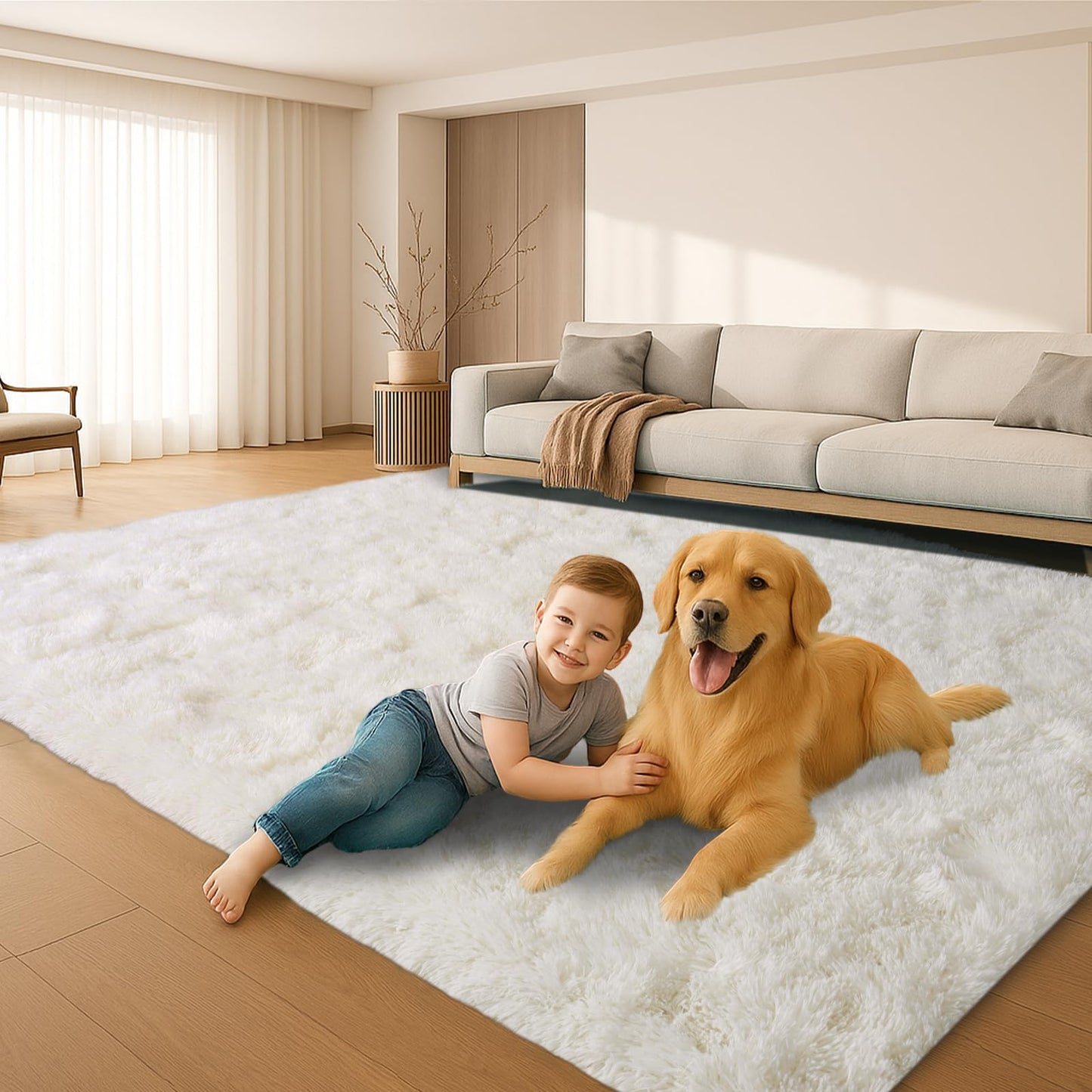 Mtandyx 8x10 Area Rugs Living Room, Cream White Large Plush Fluffy Bedroom Carpet, Non-Slip Upgraded Indoor Thick Soft Rug, Modern Plush Carpet Suitable for Kids Home Decor Aesthetics Dorm.