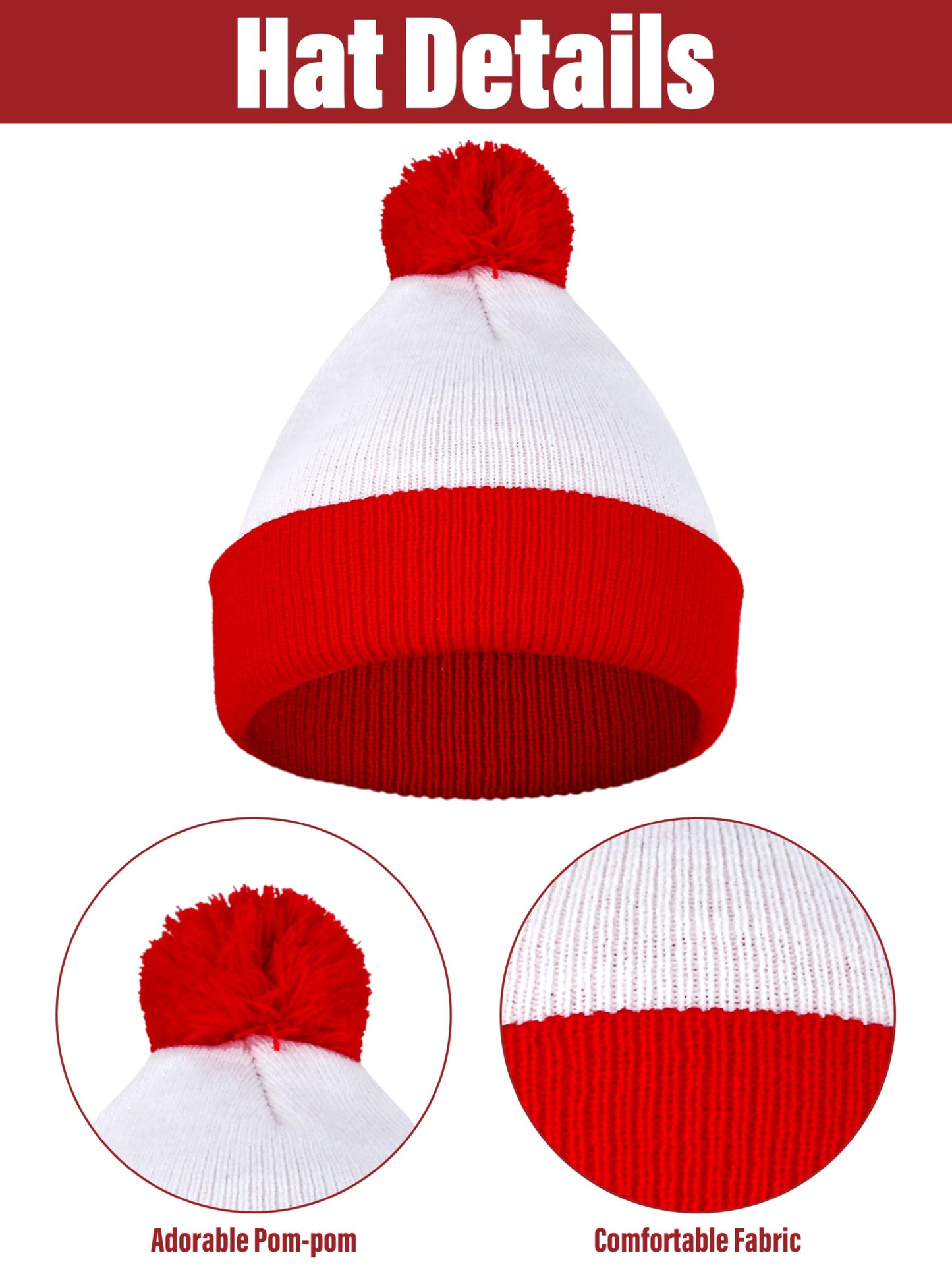 URATOT Halloween Women Costume Sets Red and White Striped T-shirt Knit Beanies Striped Socks Nerd Glasses